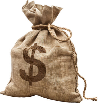 A burlap sack with a dollar sign printed on the front. The sack is tied closed with a rope. Isolated on a white or transparent background.