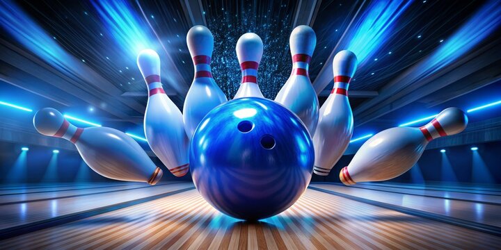 Bowling Ball Strikes Pins in Blue Light, 3D Rendering, Bowling, Bowling Alley, Strike, ,