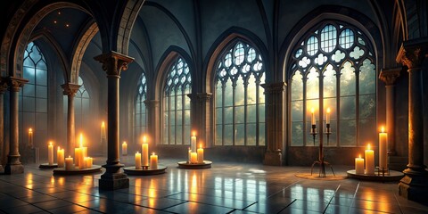 Fototapeta premium Candlelit Gothic Cathedral Interior, Digital Art, Arch Windows, Cathedral, Candlelight, Gothic, Interior