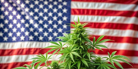Cannabis Plant Growing in Front of American Flag, cannabis, marijuana, usa, legalisation