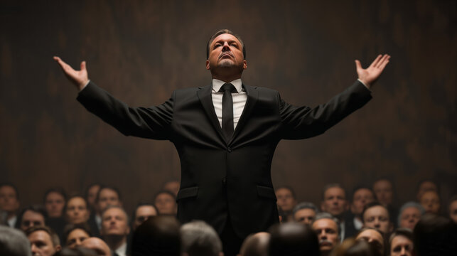 Politician standing on people's heads, triumphant pose, crowd of distressed faces, dramatic lighting, surreal background 
