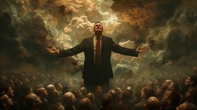 Politician standing on people's heads, triumphant pose, crowd of distressed faces, dramatic lighting, surreal background 