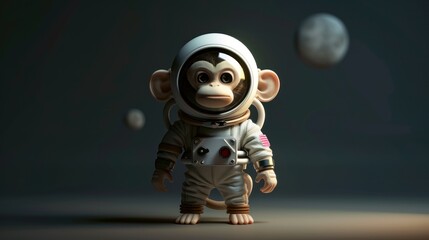 Cute monkey standing in astronaut uniform on dark background