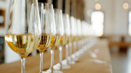 Riesling wine tasting setup, glasses filled with different vintages, notes of floral and fruity aromas, inviting ambiance 
