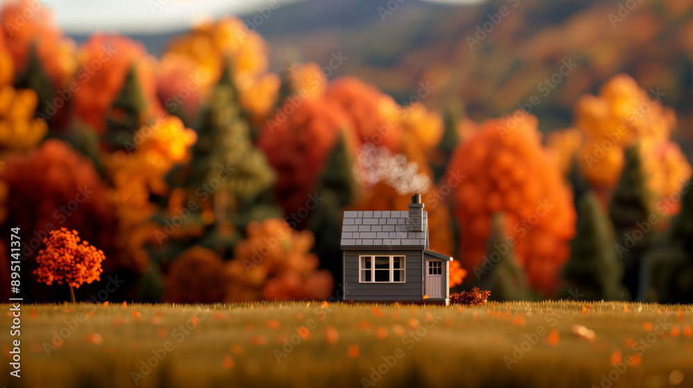 Sticker Scenic fall landscape with a cozy cabin, smoke from the chimney, warm lighting, and vibrant autumn trees 