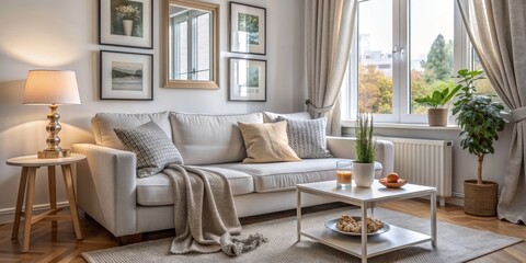 Cozy Living Room with White Sofa, Wooden Floor, and a View, living room , interior design , home decor , furniture
