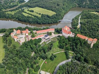Veveri castle aerial panorama view,Brno dam, gothic castle with bridges and...