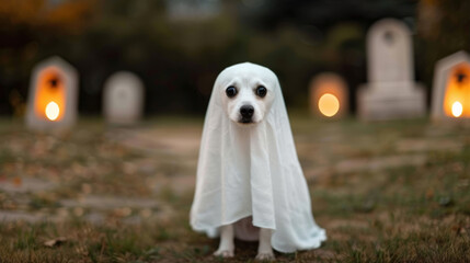 Small dog dressed as a ghost, with a white sheet and cut-out eye holes, standing in a decorated yard with tombstones and eerie lighting 