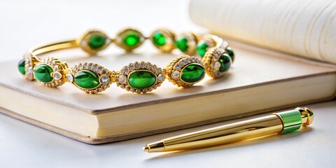 Emerald and Diamond Bracelet on a Notebook, jewelry, luxury, green, gold
