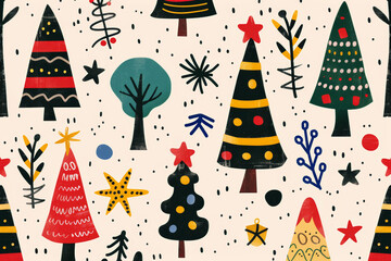 Obraz premium Some simple retro color christmas, linear drawing of shapes, tiled, seamless design 