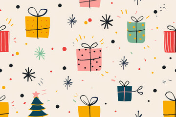 Some simple retro color christmas presents, linear drawing of shapes, tiled, seamless design 