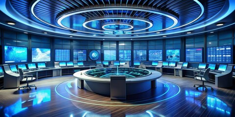 Futuristic Control Room with Circular Ceiling and Monitors, 3D Rendering, Sci-Fi Interior, Modern Technology, Control Room, Futuristic, Technology