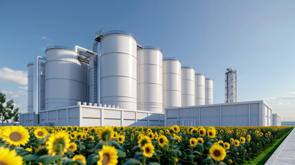 Sunflower oil factory exterior, large facility with sunflowers growing around, clean and modern industrial design 
