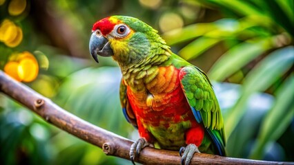 Parrot on a tree branch, palm tree, on a table, in a hat, baseball cap, a glass of juice, fruits, juicy colors, sunlight