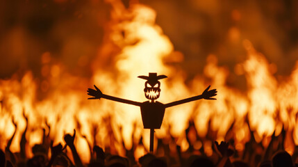 Traditional Guy Fawkes effigy burning on a bonfire, crowd cheering, glowing embers, night sky 
