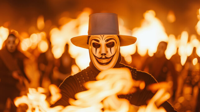 Traditional Guy Fawkes effigy burning on a bonfire, crowd cheering, glowing embers, night sky 