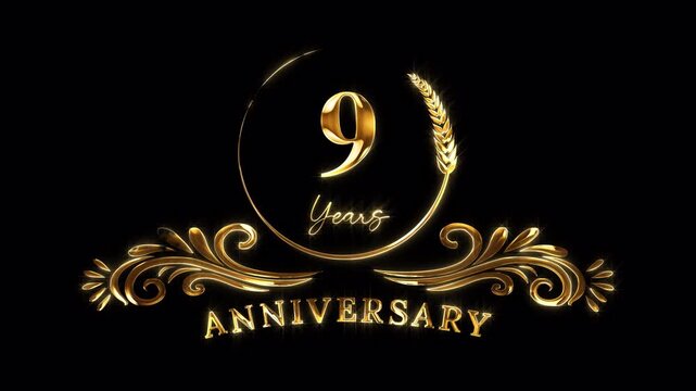 9th Anniversary Celebration. Happy 9 Years Anniversary Animation in Gold Color on the Transparent Background, Alpha Channel. Great for greetings, celebrations, events, and gifts.