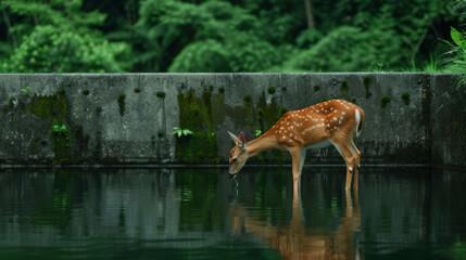 Wildlife near a dam, deer drinking from the reservoir, lush greenery, peaceful and natural setting 