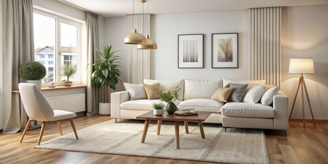 Modern Living Room Interior Design with White Sofa, Gold Pendant Lights, and Wooden Floor, interior design, living room, sofa, modern home
