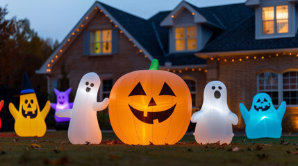 Yard filled with inflatables including a giant pumpkin, ghost, and a black cat, surrounded by colorful Halloween lights 