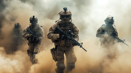 Several modern soldiers fully equipped facing the camera in a dusty and smoggy environment
