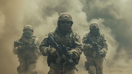 Fototapeta premium Several modern soldiers fully equipped facing the camera in a dusty and smoggy environment