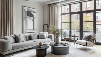 Fototapeta premium Bright living room with grey sofa, coffee table, and armchair