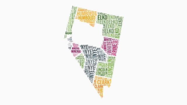 Nevada counties word cloud animation. State logo animated video. Nevada colored text cloud. Counties typography style motion graphics. Classy video.