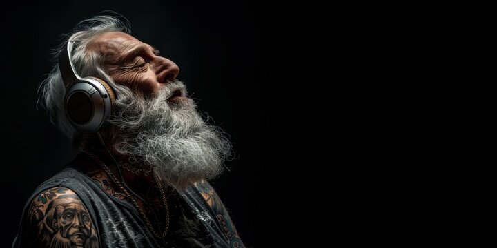 Senior hipster man listening to playlist with rock music - Trendy tattoo old guy having fun with mobile phone technology - Tech and joyful elderly lifestyle concept - Focus on face portrait