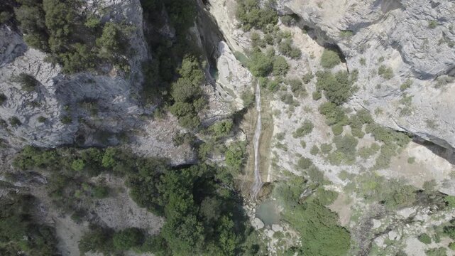 Aerial view of Sotira river with waterfall in Summer 2022 - raw file
