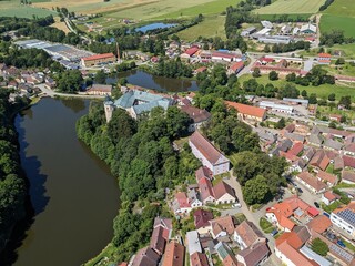 Fototapeta premium Zirovnice castle and Ziorvnice town aerial panorama landscape view,Vysocina region,Bohemia,Czech republic,Europe
