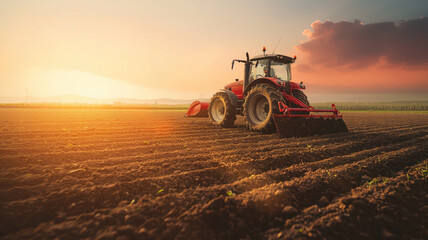 Obraz premium Tractor drives across large field making special beds for sowing seeds into purified soil. Agricultural vehicle works at sunset in countryside. Generative AI