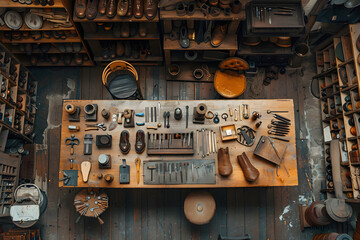 workshop filled with a shoe rack full of shoemaking tools