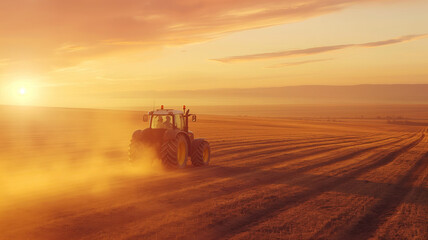 Fototapeta premium Tractor drives across large field making special beds for sowing seeds into purified soil. Agricultural vehicle works at sunset in countryside. Generative AI