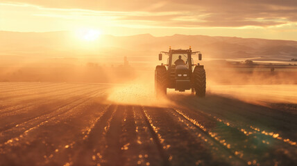 Tractor drives across large field making special beds for sowing seeds into purified soil. Agricultural vehicle works at sunset in countryside. Generative AI