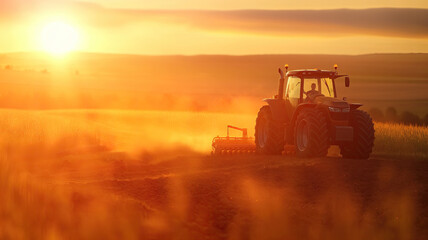 Fototapeta premium Tractor drives across large field making special beds for sowing seeds into purified soil. Agricultural vehicle works at sunset in countryside. Generative AI