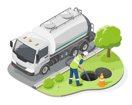 drainage Sewerage Maintenance utilities worker emptying household septic tank cleaning sludge from septic system friendly concept isometic isolated illustration