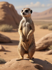 Fototapeta premium A meerkat standing on alert, its surroundings captured in fine detail. Generative ai. Art & Illustration Perfect for animal enthusiasts, wildlife lovers