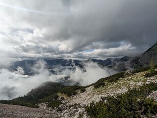 Wide panoramic view of Grosser Priel mountain peak in the Austrian Alps surrounded by rocky ridges and alpine nature.

