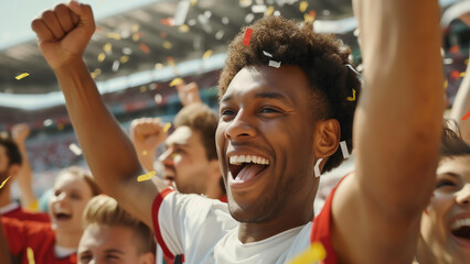 Group of diverse cheering team and the fans let's cheer together and send encouragement to the athletes with enthusiasm and happiness, unity and friendship. 