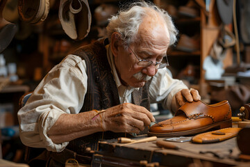 Fototapeta premium Shoemaker fixing shoes in his workshop full of shoemaking tools