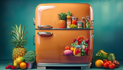 Retro style refrigerator and groceries