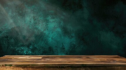 Wooden table with dark green backdrop for text