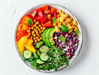 colorful vegan meal on a plate, fresh ingredients, clean white background, high resolution