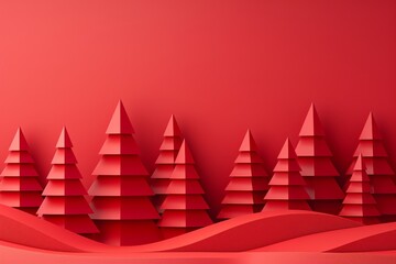 Minimalist red background with 3D geometric Christmas trees creating a festive holiday scene