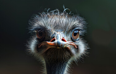 Ostrich head close-up on a blurred background. The ostrich is a large flightless bird native to Africa. Generative AI