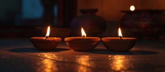 Clay Diya lamps lit during Diwali