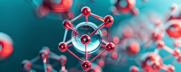 Abstract 3D render of a molecule structure with red atoms connected by lines. Science and technology concept.