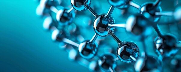 Abstract 3D molecule model on blue background.