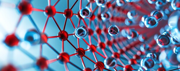 Abstract 3D rendering of a network with red spheres and blue connections.